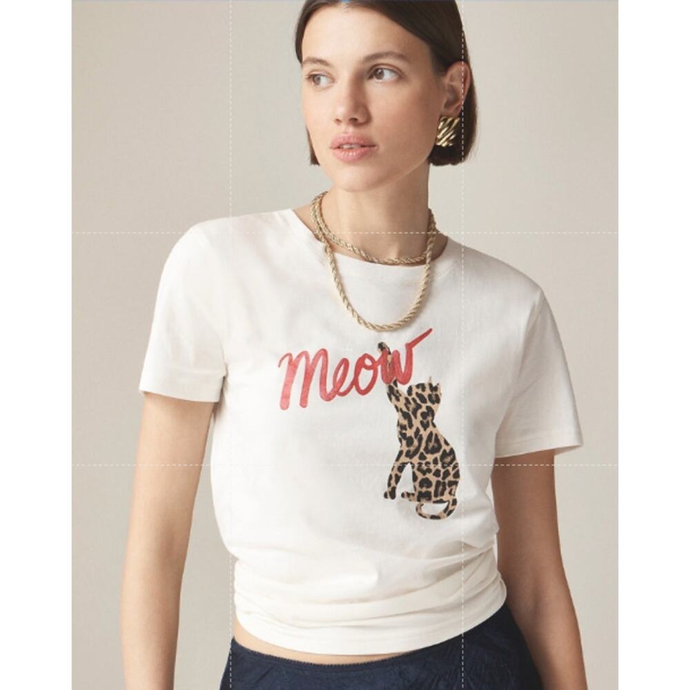 J.Crew Classic-fit Meow Graphic T-Shirt WMNS S Cream Red Crew Neck Short Sleeve